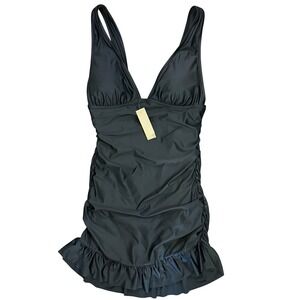 J. Crew Black Ruched Ruffle Hem Swimdress One Piece Swimsuit BP247 Size 6 Beach